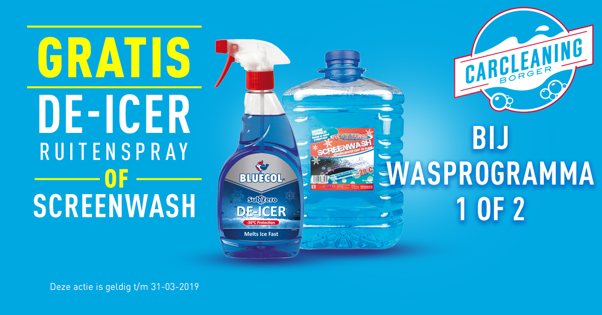 GRATIS De-Icer of ruitenvloeistof naar keuze bij wasprogramma 1 of 2 in de wasstraat.